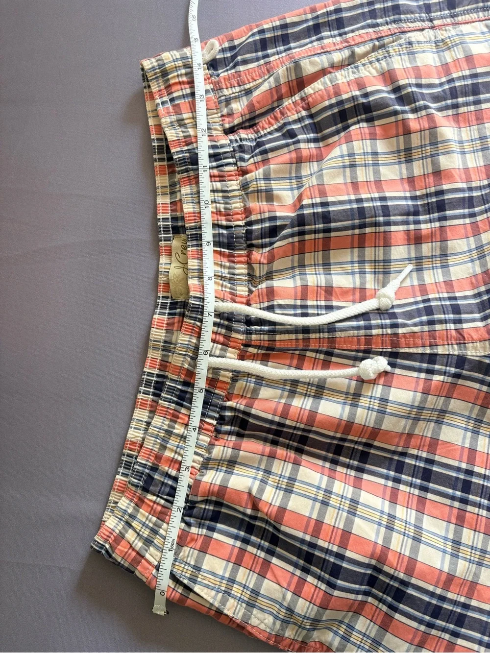 J. Crew Plaid Swim Trunks in Coral, Navy & Cream